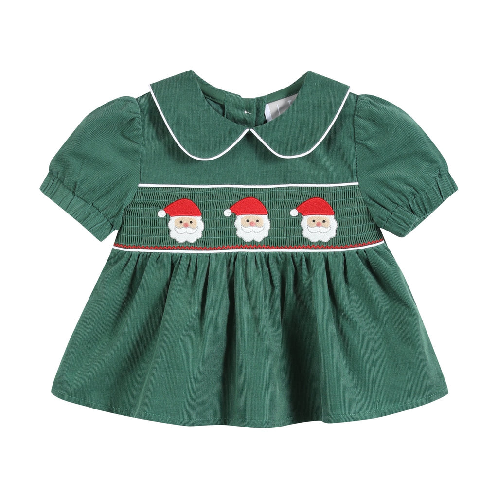 Green Velvet Santa Smocked Dress and Bloomers - Lil Cactus