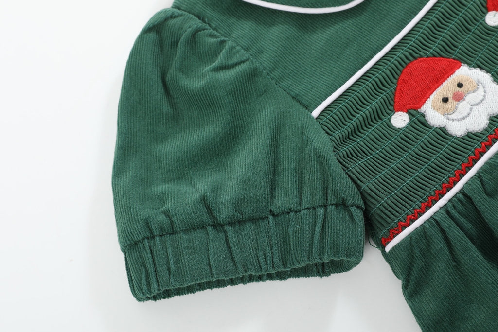 Green Velvet Santa Smocked Dress and Bloomers - Lil Cactus