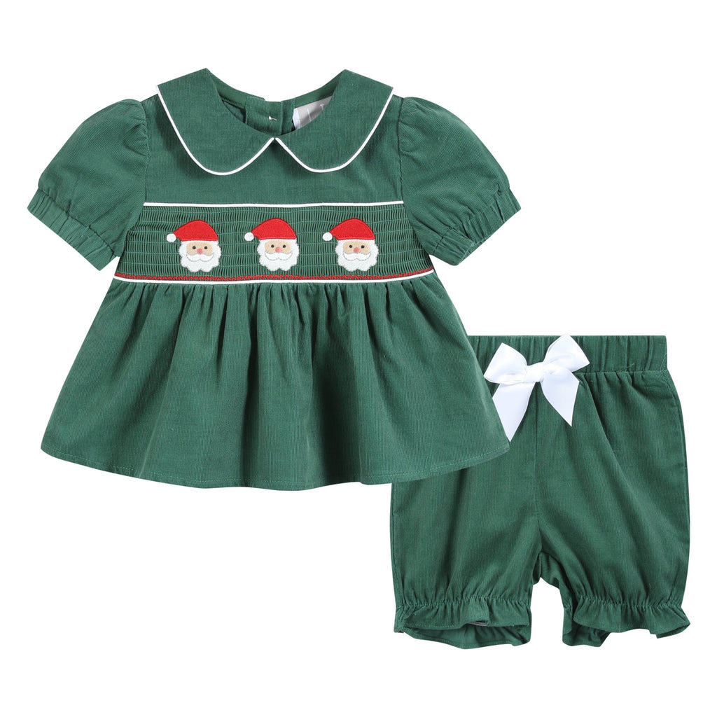 Green Velvet Santa Smocked Dress and Bloomers - Lil Cactus