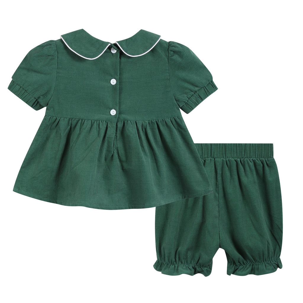 Green Velvet Santa Smocked Dress and Bloomers - Lil Cactus