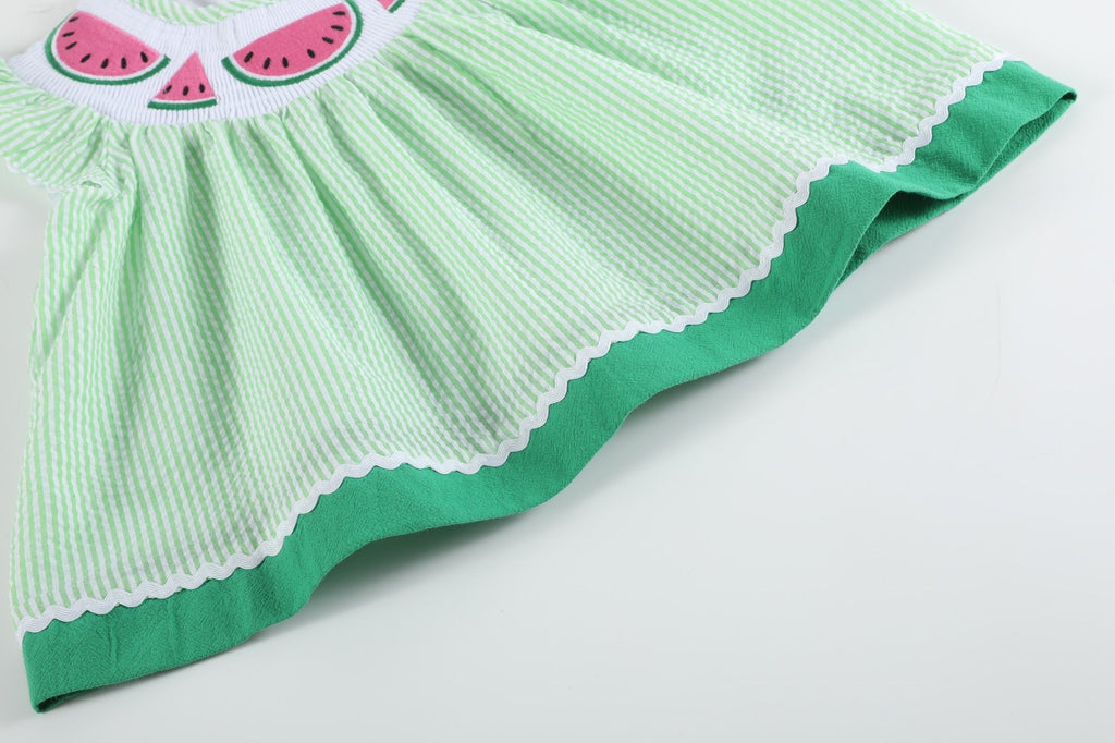 Green & White Stripe Watermelon Smocked Angel - Sleeve Dress & Bloomers - Lil Cactus