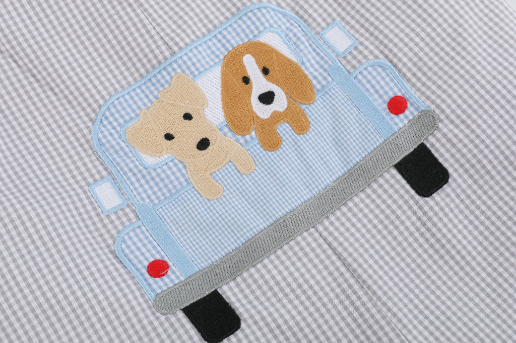 Grey Gingham Puppies in Truck Shortalls - Lil Cactus