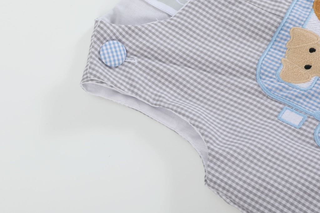 Grey Gingham Puppies in Truck Shortalls - Lil Cactus