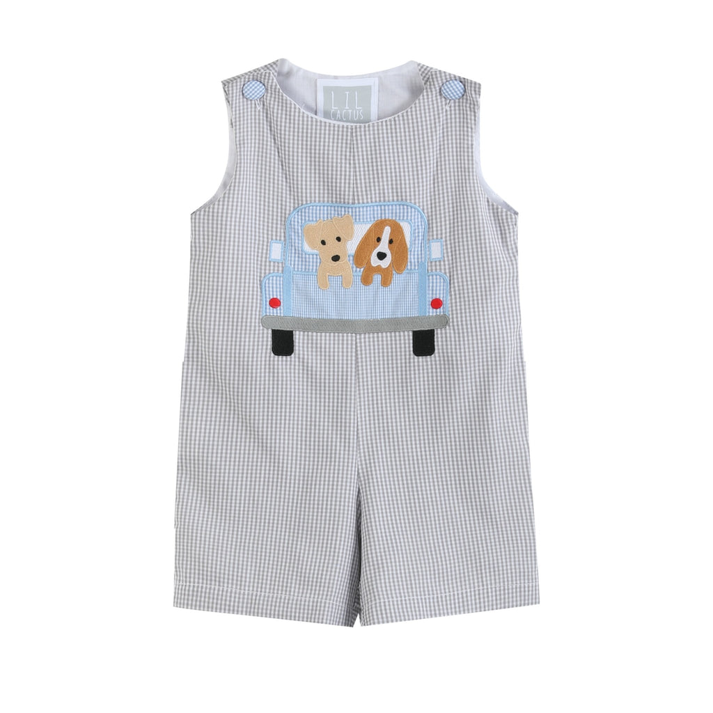 Grey Gingham Puppies in Truck Shortalls - Lil Cactus