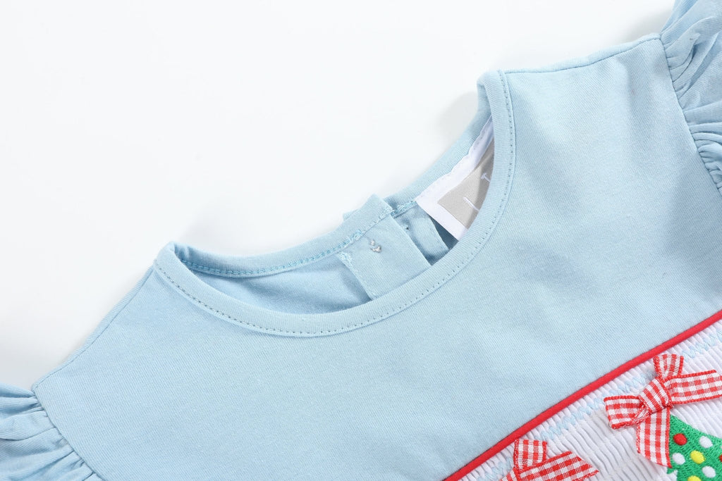 Light Blue Christmas Tree Smocked Knit Dress - Lil Cactus