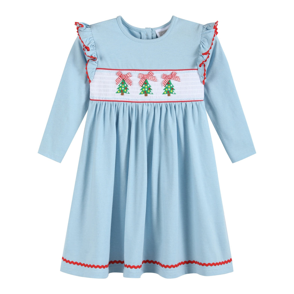 Light Blue Christmas Tree Smocked Knit Dress - Lil Cactus