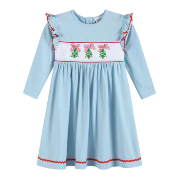 Light Blue Christmas Tree Smocked Knit Dress - Lil Cactus