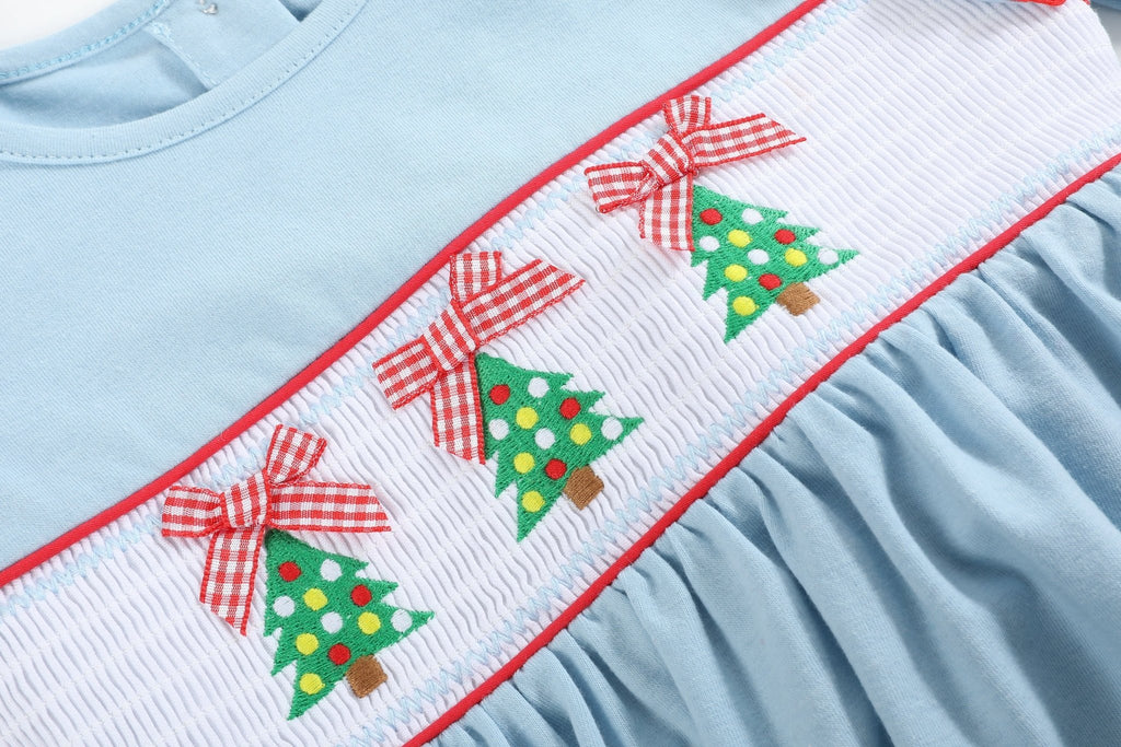Light Blue Christmas Tree Smocked Knit Dress - Lil Cactus