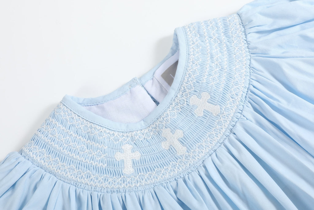 Light Blue Crosses Smocked Bishop Dress - Lil Cactus