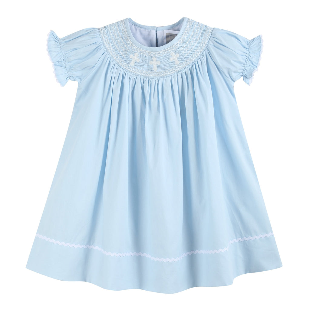 Light Blue Crosses Smocked Bishop Dress - Lil Cactus