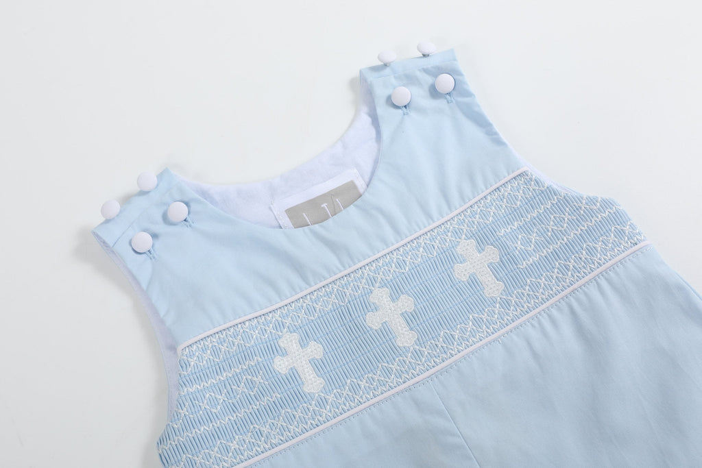 Light Blue Crosses Smocked Overalls - Lil Cactus