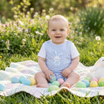 Light Blue Gingham Easter Bunny Applique Shortalls - Lil Cactus