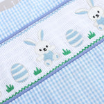 Light Blue Gingham Easter Egg and Bunnies Smocked Shortall - Lil Cactus
