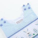 Light Blue Gingham Easter Egg and Bunnies Smocked Shortall - Lil Cactus