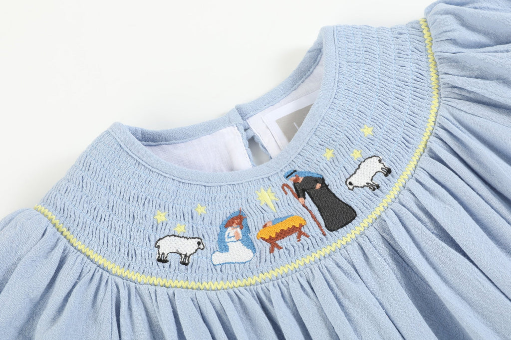Light Blue Nativity Smocked Bishop Sleeve Dress - Lil Cactus