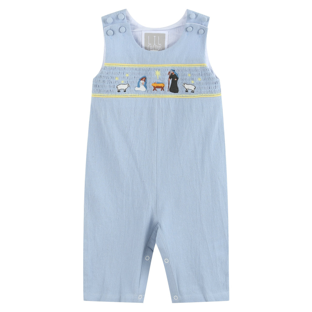 Light Blue Nativity Smocked Overalls - Lil Cactus