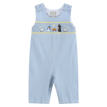 Light Blue Nativity Smocked Overalls - Lil Cactus
