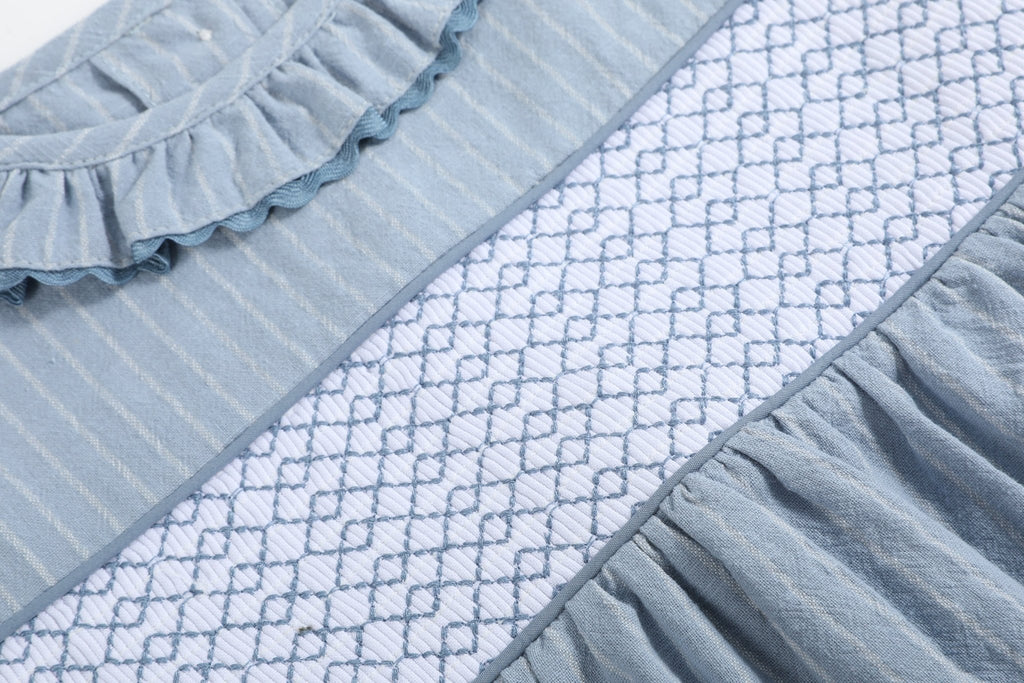 Light Blue Pinstripe Smocked Ruffle Dress - Lil Cactus
