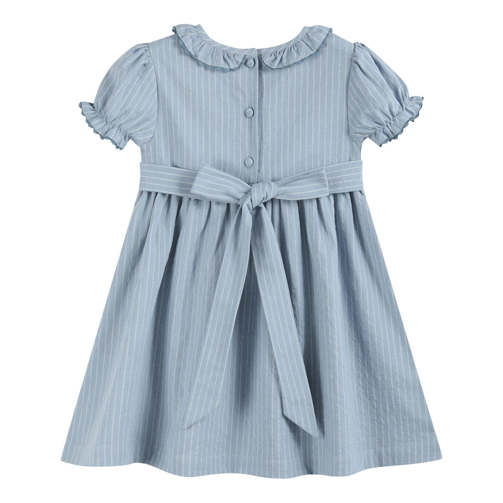 Light Blue Pinstripe Smocked Ruffle Dress - Lil Cactus