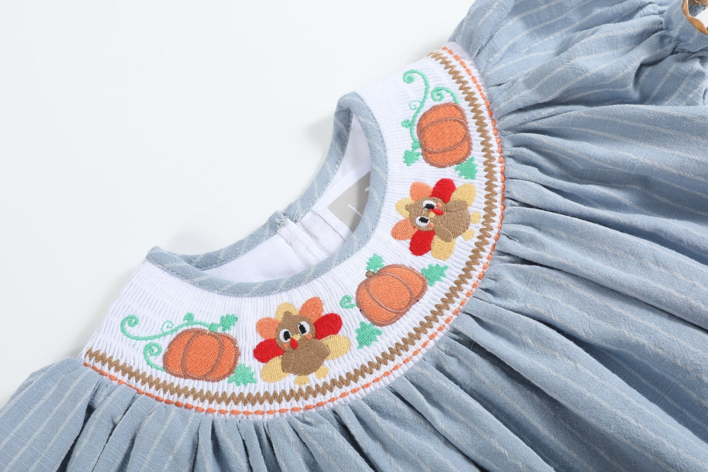 Light Blue Pinstripe Turkey Smocked Bishop Dress - Lil Cactus