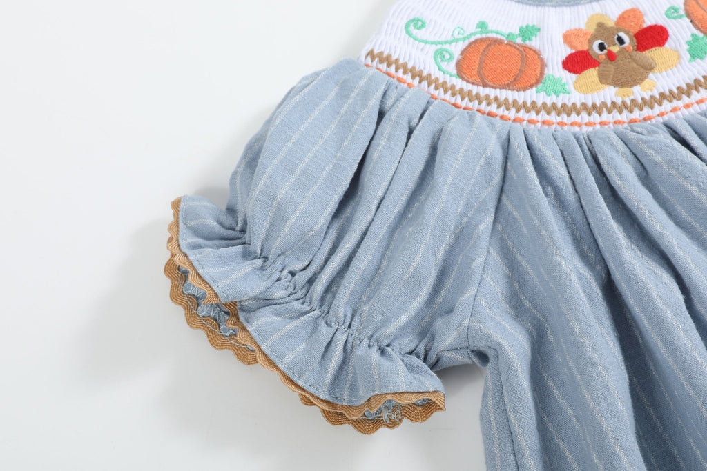 Light Blue Pinstripe Turkey Smocked Bishop Dress - Lil Cactus