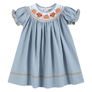 Light Blue Pinstripe Turkey Smocked Bishop Dress - Lil Cactus