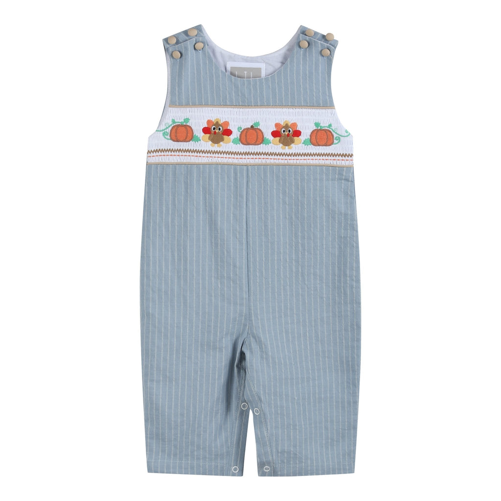 Light Blue Pinstripe Turkey Smocked Overalls - Lil Cactus