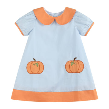 Light Blue Pumpkin Applique Collared Dress - Lil Cactus