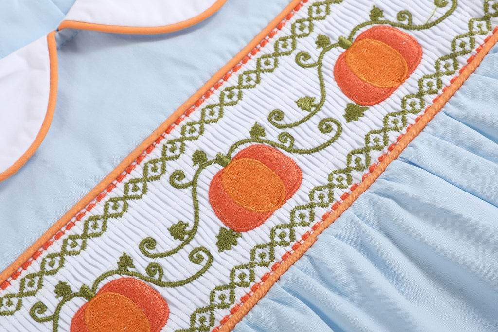 Light Blue Pumpkin Vine Smocked Collared Romper - Lil Cactus