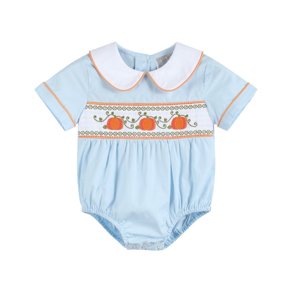 Light Blue Pumpkin Vine Smocked Collared Romper - Lil Cactus