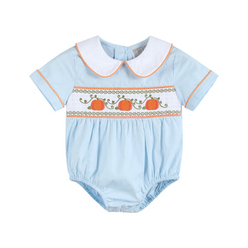 Light Blue Pumpkin Vine Smocked Collared Romper - Lil Cactus
