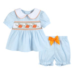 Light Blue Pumpkin Vine Smocked Dress and Bloomers - Lil Cactus