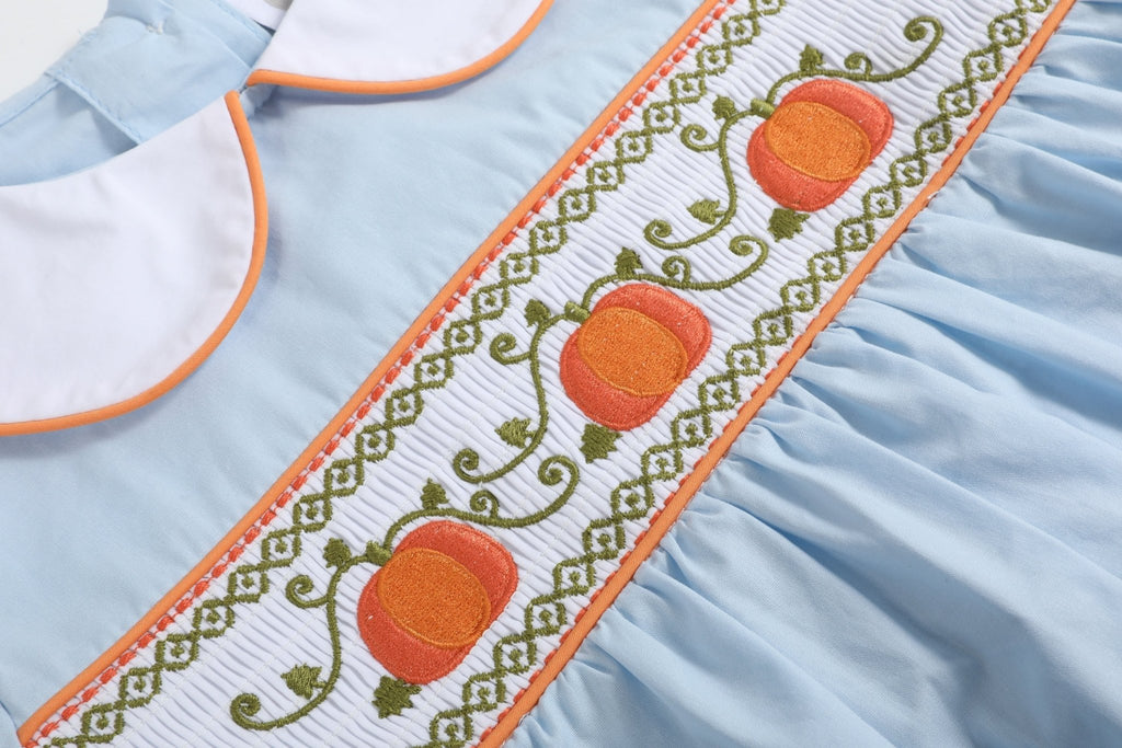 Light Blue Pumpkin Vine Smocked Dress - Lil Cactus