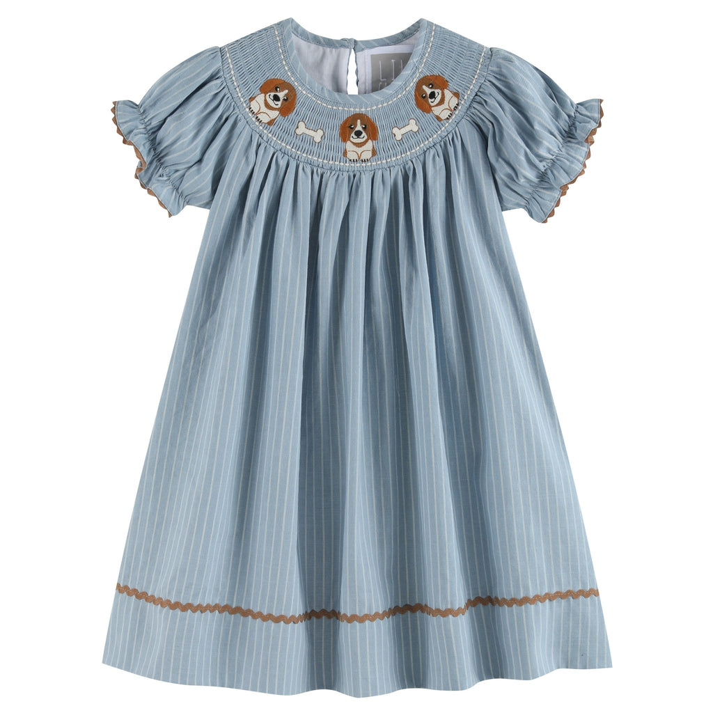 Light Blue Puppy Smocked Bishop Dress - Lil Cactus