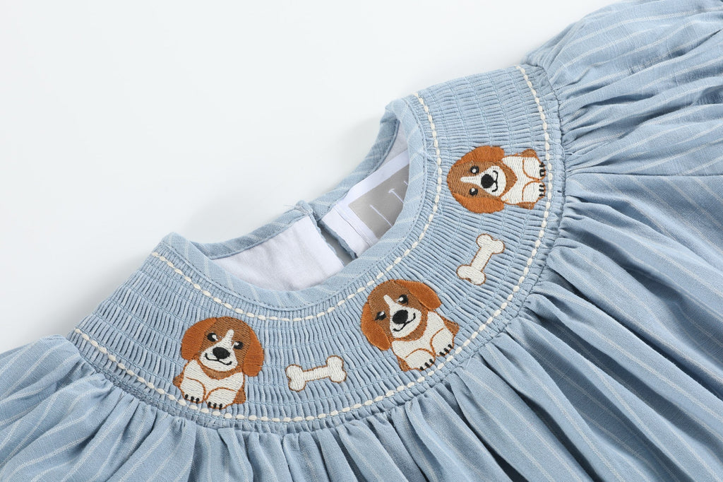 Light Blue Puppy Smocked Bishop Dress - Lil Cactus