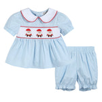 Light Blue Santa Smocked Dress and Bloomers - Lil Cactus