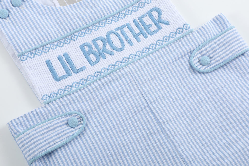 Light Blue Seersucker Lil Brother Smocked Jon Jons - Lil Cactus