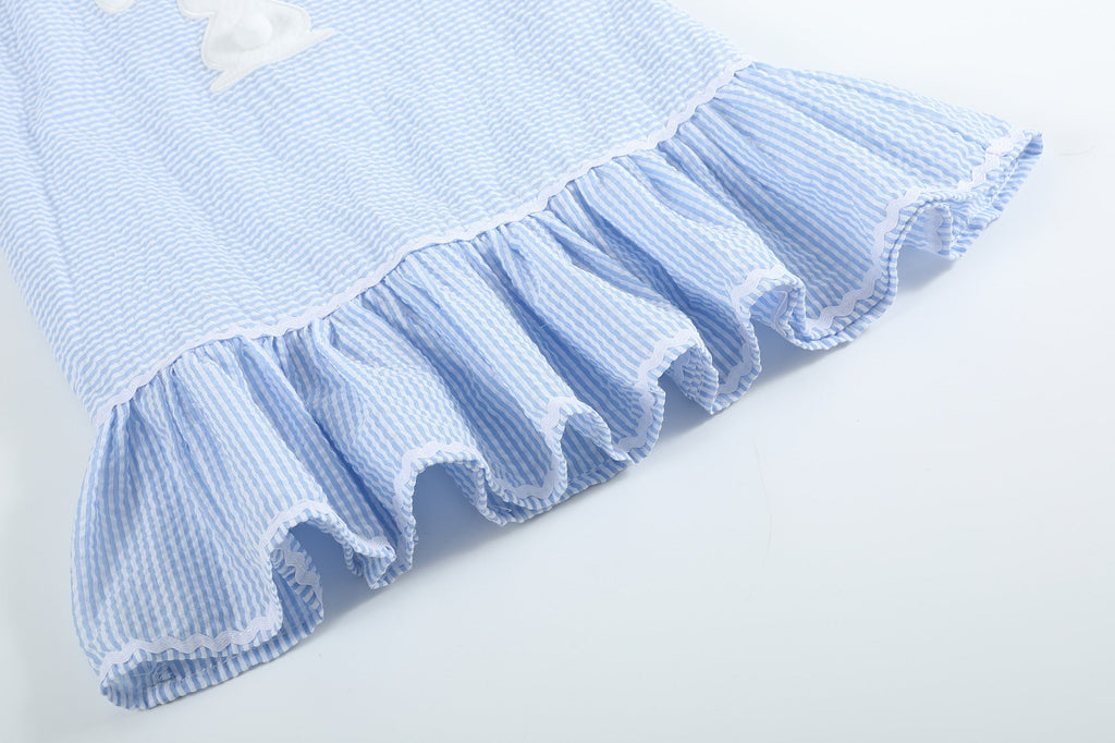 Light Blue Seersucker Pom Pom Bunny Swing Dress - Lil Cactus