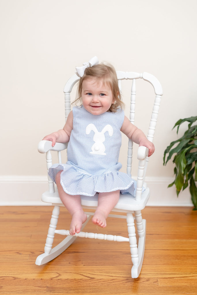 Light Blue Seersucker Pom Pom Bunny Swing Dress - Lil Cactus