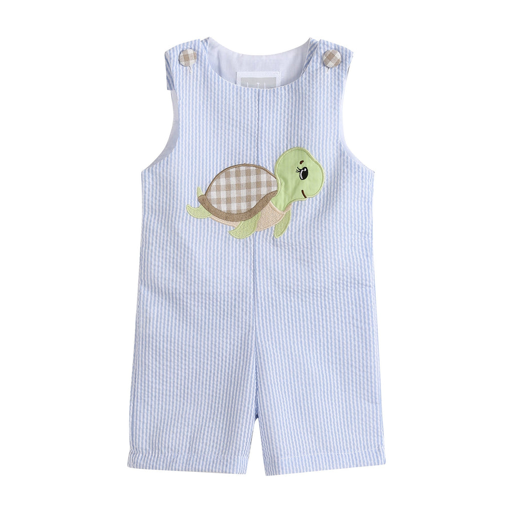 Light Blue Stripe Turtle Appliqué Shortalls - Lil Cactus