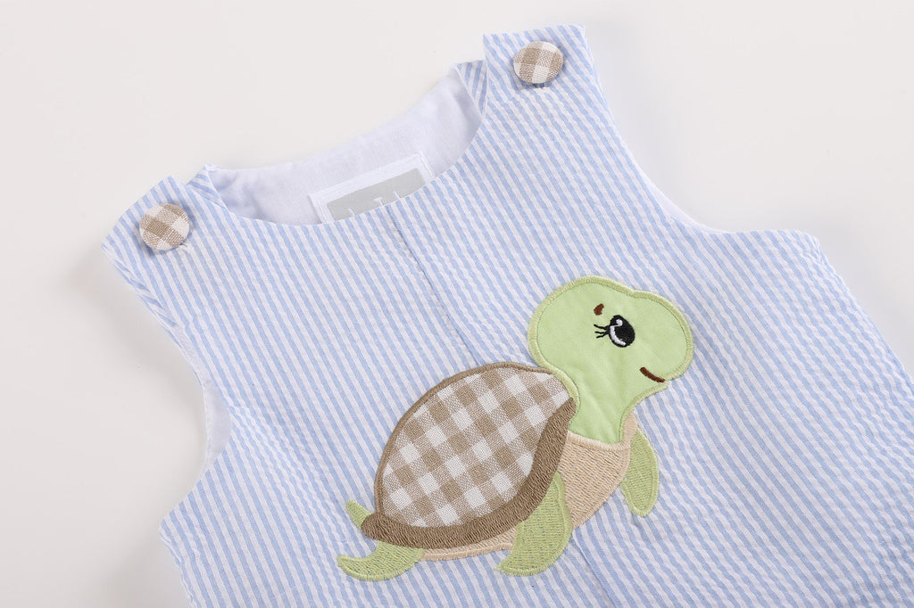Light Blue Stripe Turtle Appliqué Shortalls - Lil Cactus