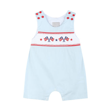 Light Blue USA Flag Smocked Shortalls - Lil Cactus