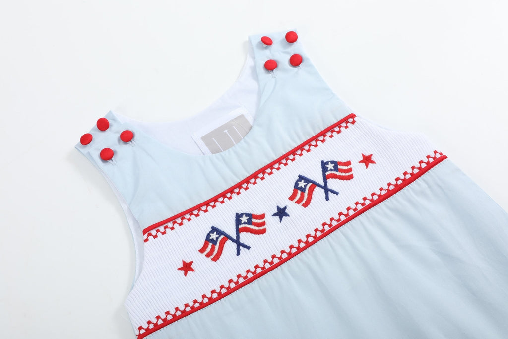 Light Blue USA Flag Smocked Shortalls - Lil Cactus