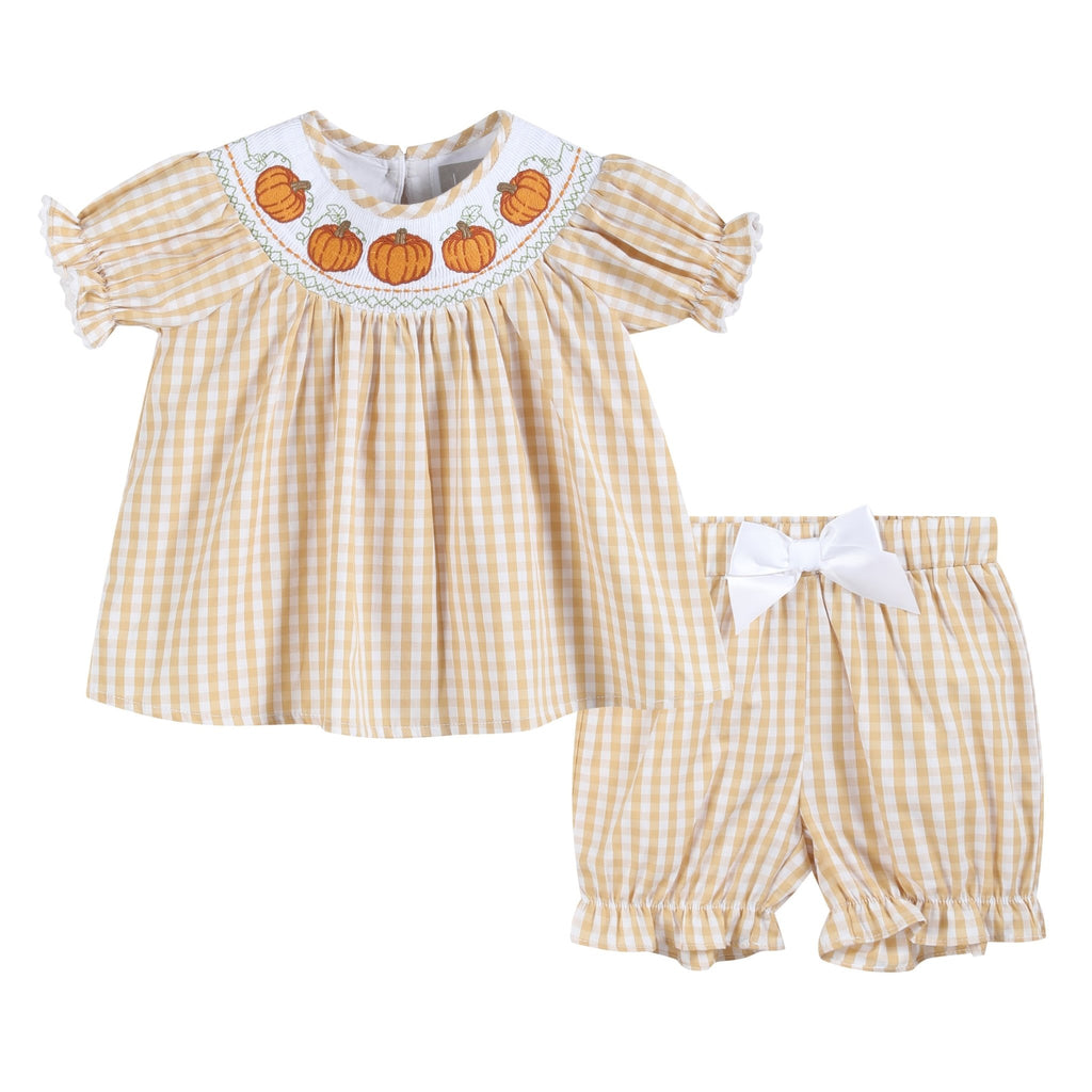 Light Brown Gingham Pumpkin Vine Dress and Bloomer Set - Lil Cactus