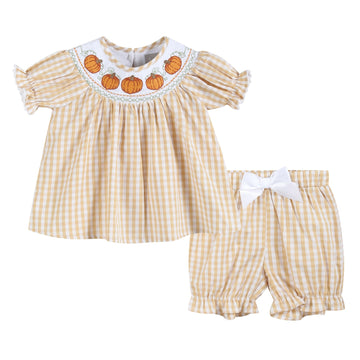 Light Brown Gingham Pumpkin Vine Dress and Bloomer Set - Lil Cactus