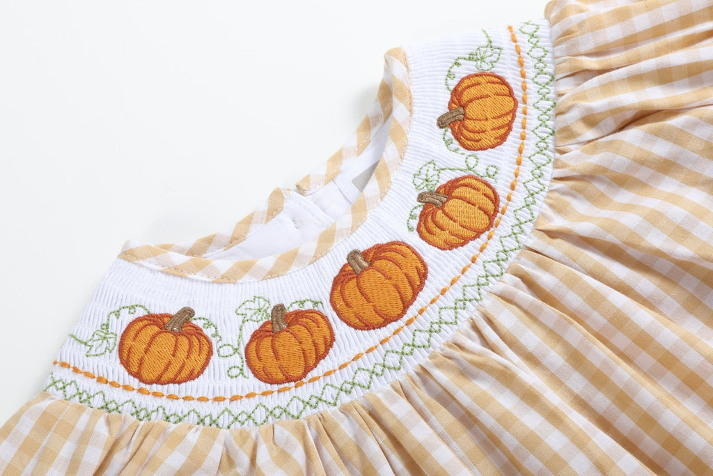 Light Brown Gingham Pumpkin Vine Dress and Bloomer Set - Lil Cactus
