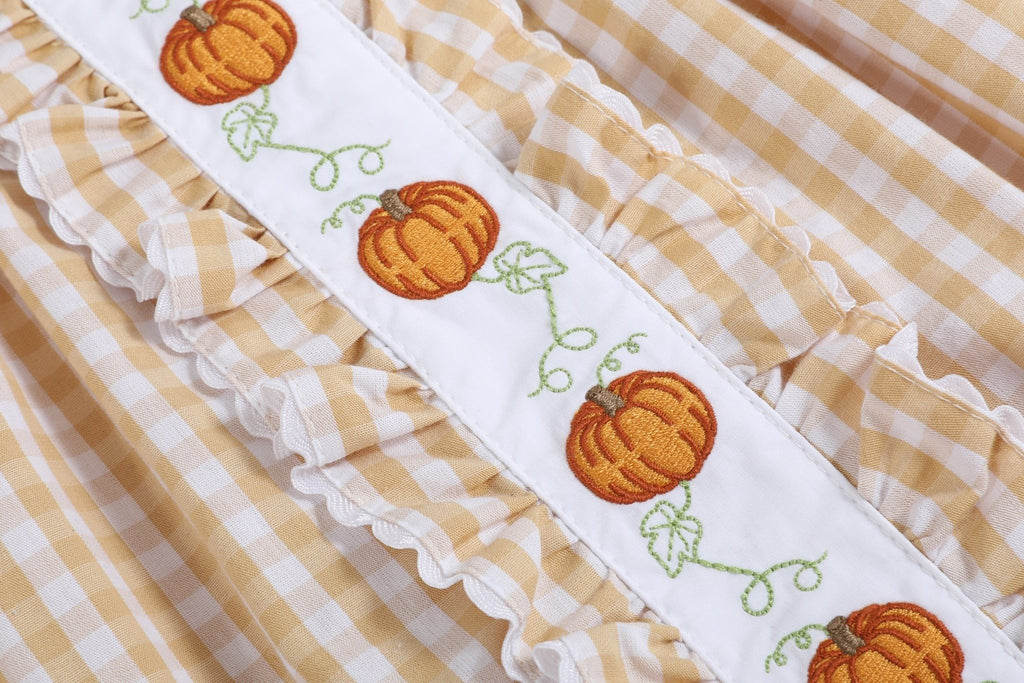 Light Brown Gingham Pumpkin Vine Ruffle Dress - Lil Cactus