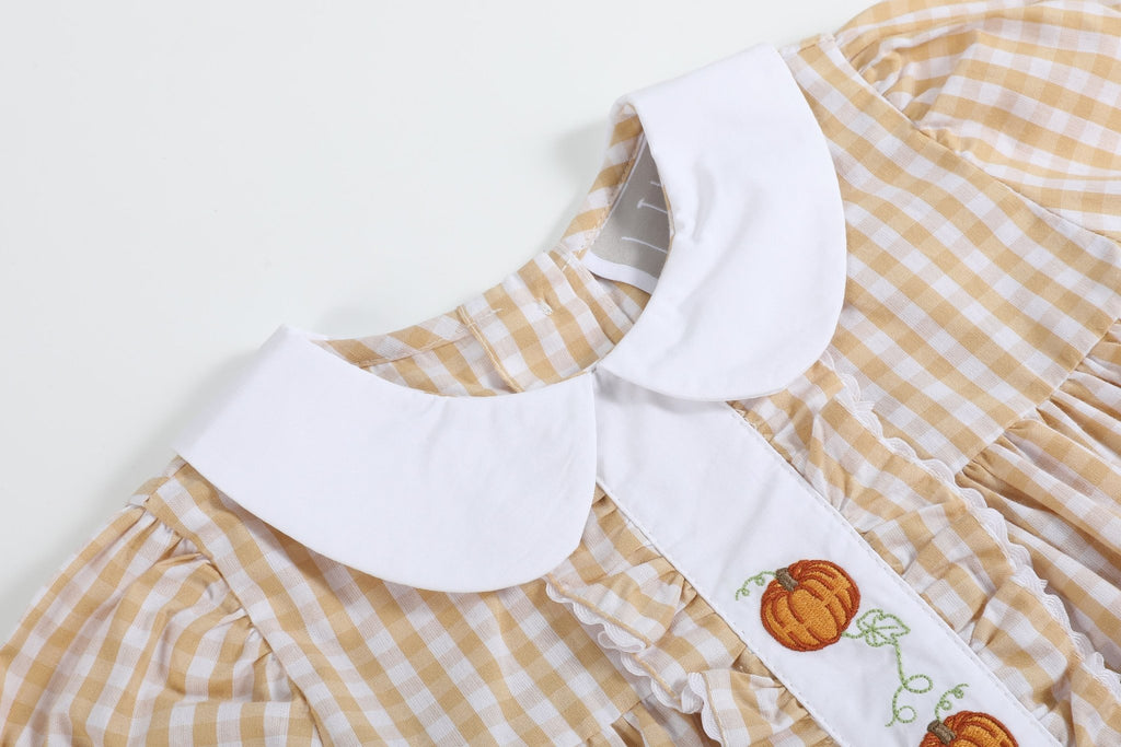 Light Brown Gingham Pumpkin Vine Ruffle Dress - Lil Cactus