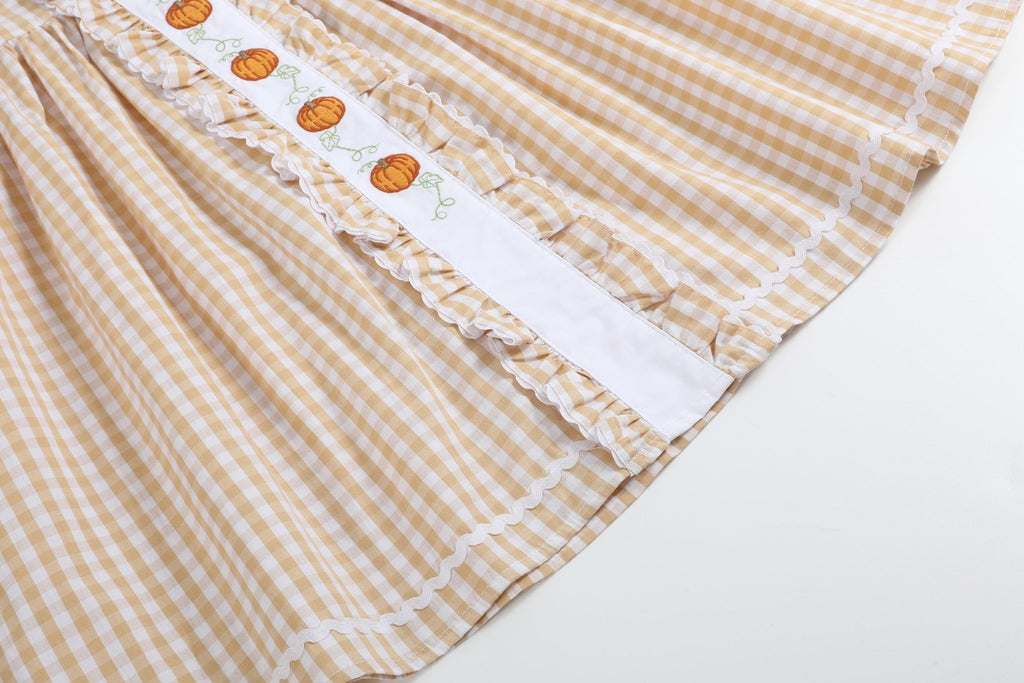 Light Brown Gingham Pumpkin Vine Ruffle Dress - Lil Cactus
