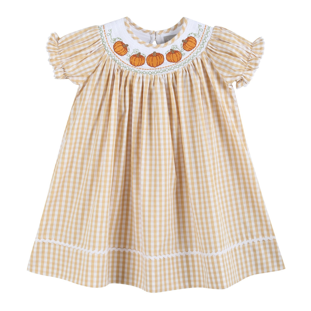 Light Brown Gingham Pumpkin Vine Smocked Bishop Dress - Lil Cactus